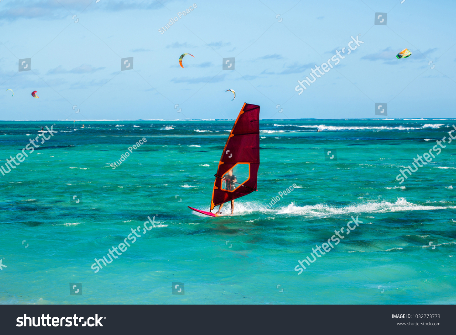 Windsurfers on the Le Morne beach in Mauritius