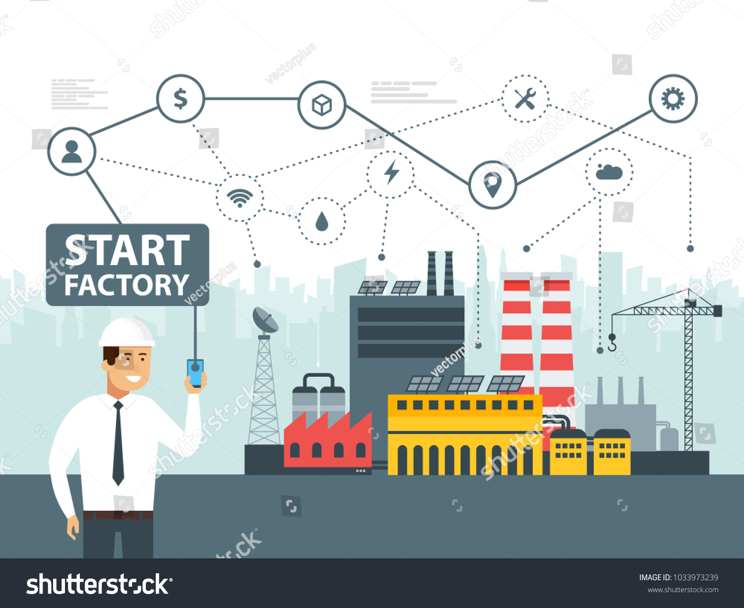 Smart factory and network icons. Engineer starting a smart plant. Smartphone online control big data. Vector illustration.