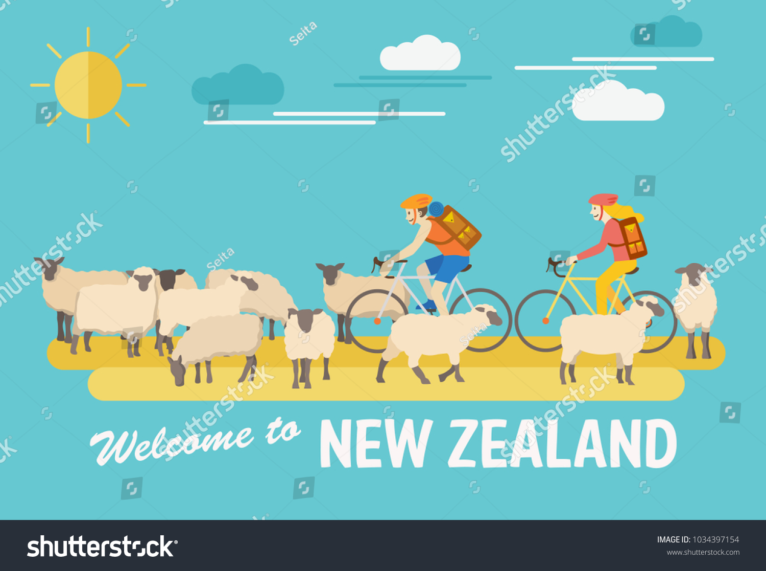 Flat design  Illustration of tourists riding bicycles and flock of sheep  Vector