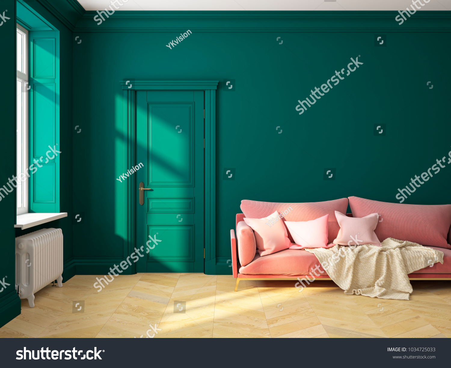 Classic scandinavian interior design green with sofa and pillows. 3D render illustration mock up.