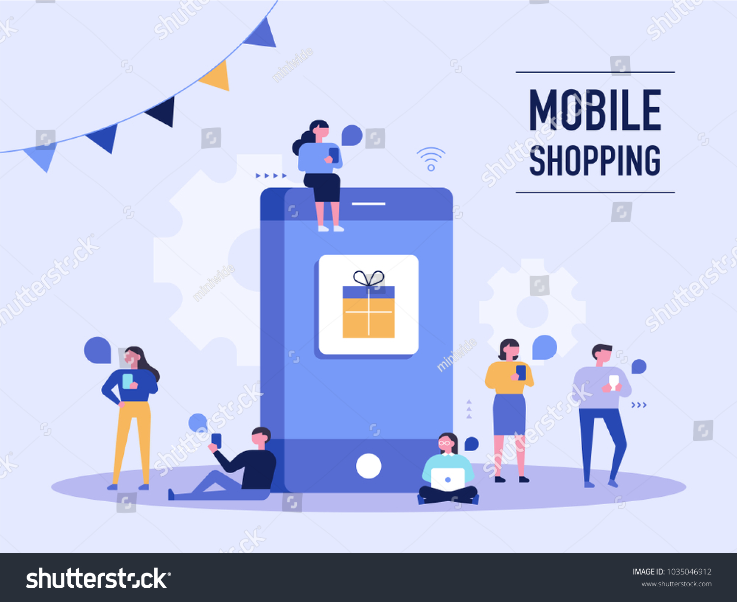 在大型手机面前进行移动购物的人。矢量图扁平设计