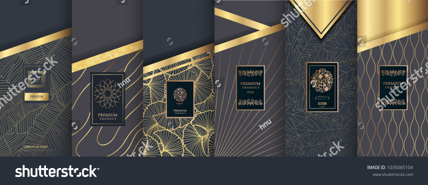 Collection of design elements labels icon frames  for packaging design of luxury products.Made with golden foil.Isolated on blue and geometric background. vector illustration
