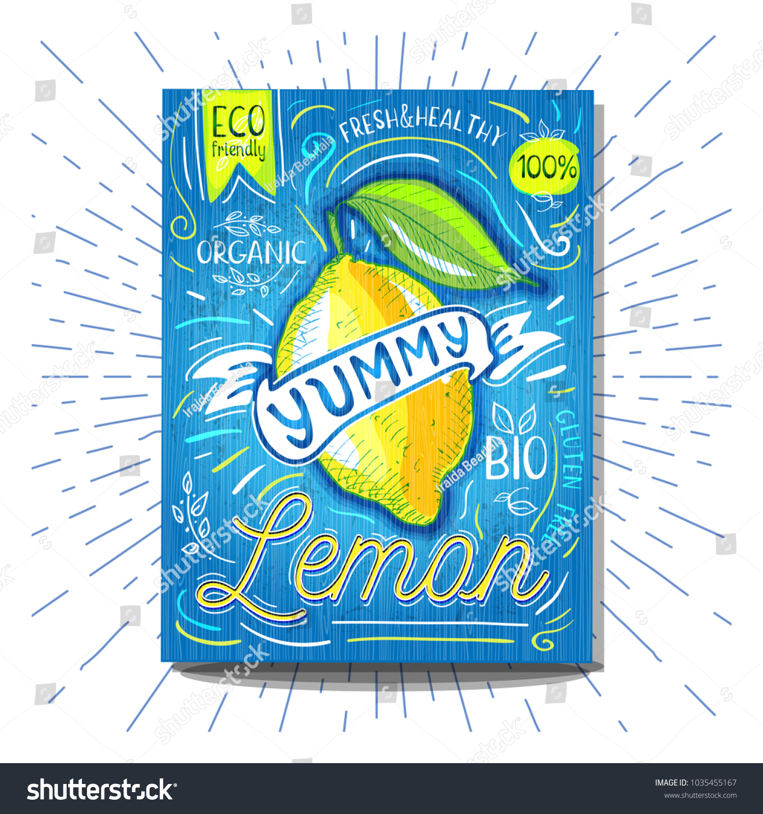 Colorful Label poster stickers food fruits vegetable chalk sketch style  food and spices. Lemon citrus. Bio eco vegetarian raw farm fresh organic. Hand drawn vector illustration.