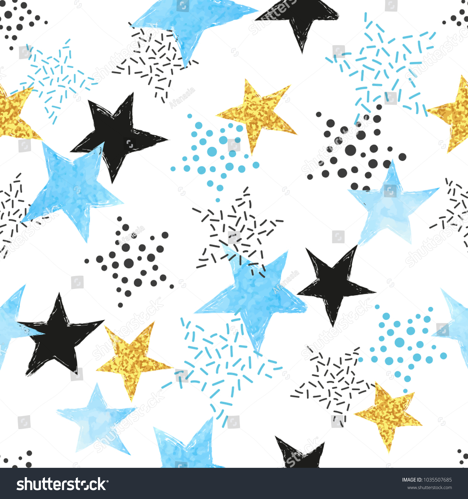 Seamless Stars pattern. Vector background with watercolor blue and glittering golden stars.