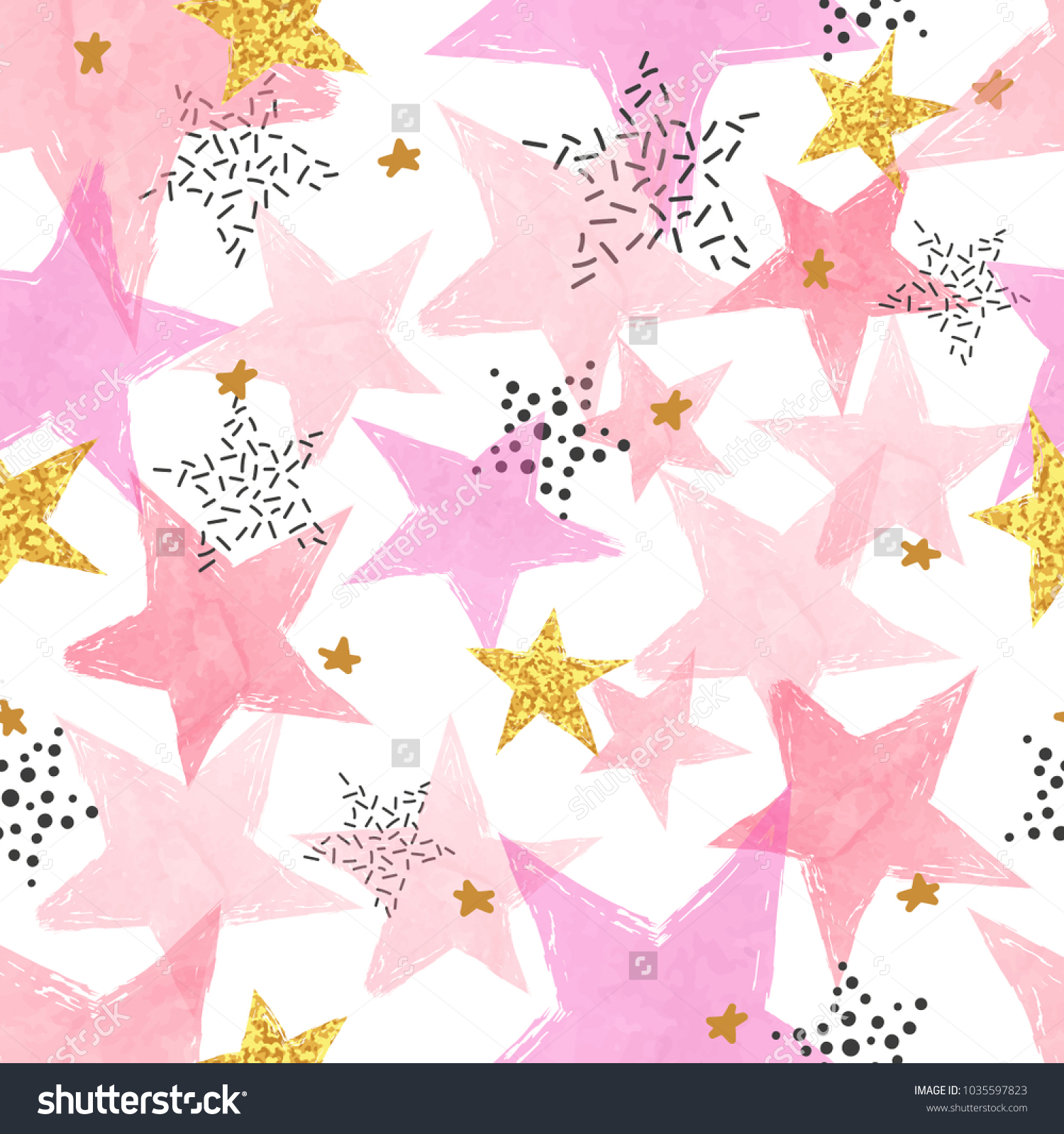 Seamless stars pattern. Vector background with watercolor pink and glittering golden stars.
