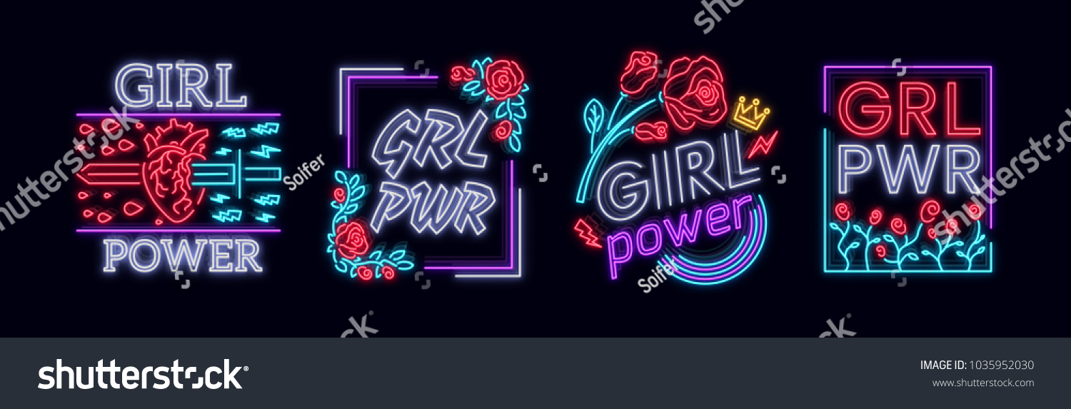 Rock print and slogan vector. Collection Girl T-shirt prints or other purposes. A symbol of feminism for printing in a neon style. Neon sign Retro style. Women's fashion slogan