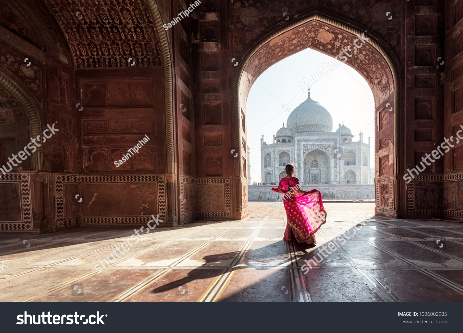Woman in red saree/sari in the Taj Mahal  Agra  Uttar Pradesh  India