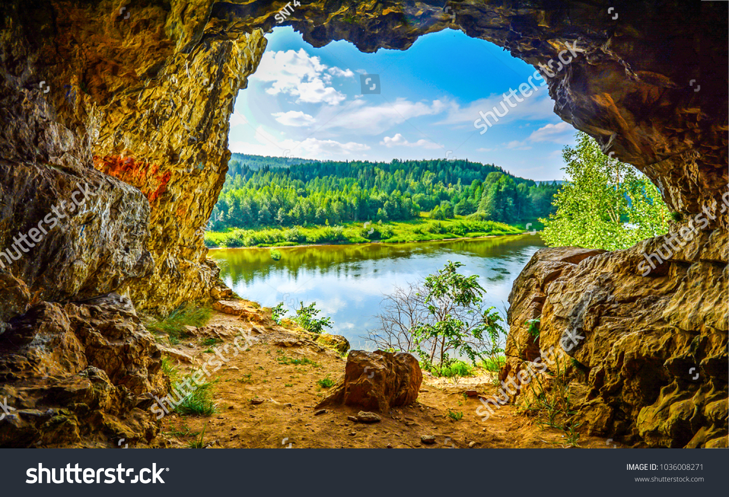 View from mountain forest river cave landscape