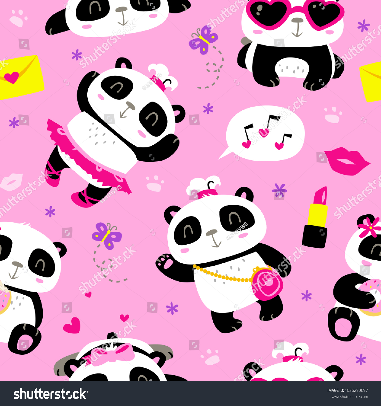 vector cartoon style cute girl panda punchy pastel pink seamless pattern