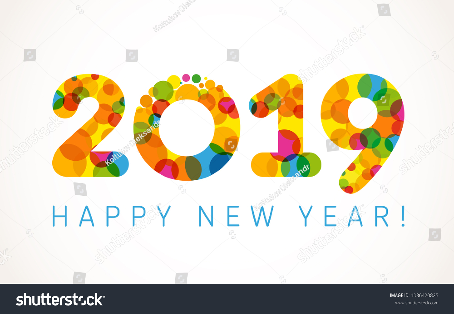 2019 A Happy New Year xmas greetings. Holidays colored background  bubbles shape pattern. Funny digits  isolated numbers template. Percent % off idea  colored letter O  0 zero null symbol.