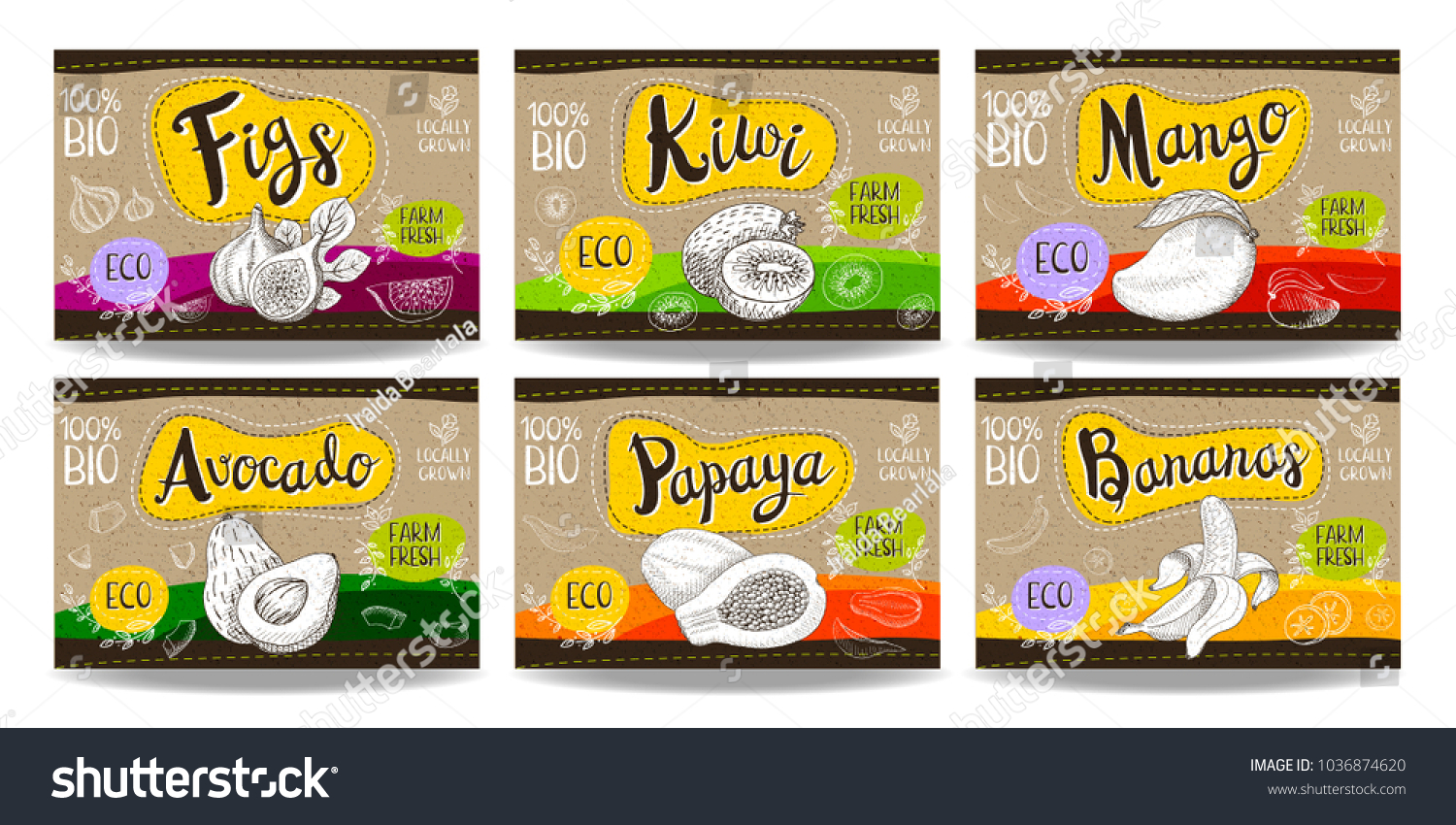 Set colorful food labels  sketch style  food fruit labels cardboard texture. Figs  kiwi  mango  avocado  papaya  bananas. Spices labels  eco bio food  organic product. Hand drawn vector illustration.
