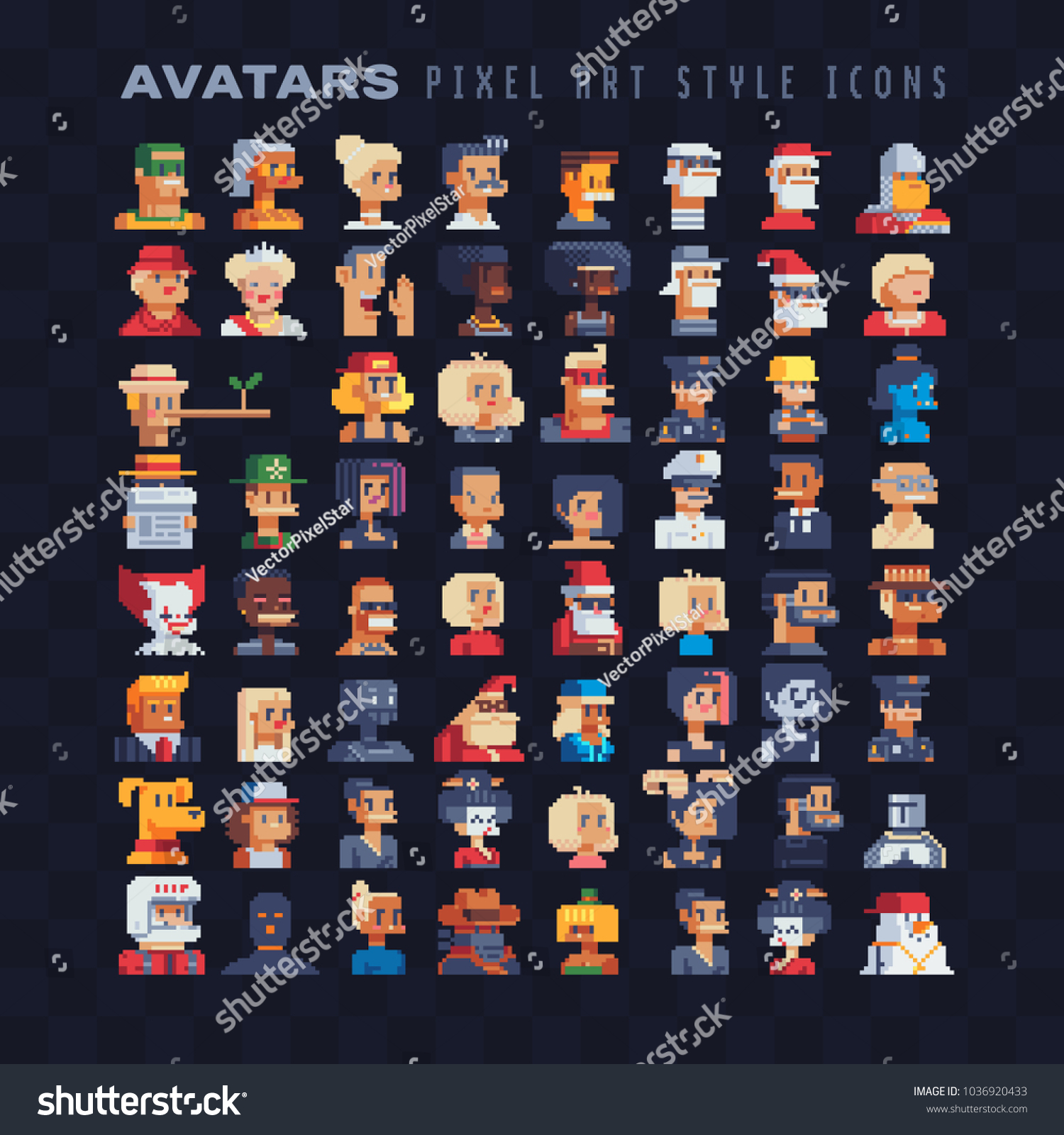 Pixel art 80s style avatar profile video game characters set. Game assets. 8-bit sprite. Sticker design. User pic. Set of flat people portraits. Male and female faces. Isolated vector illustration.