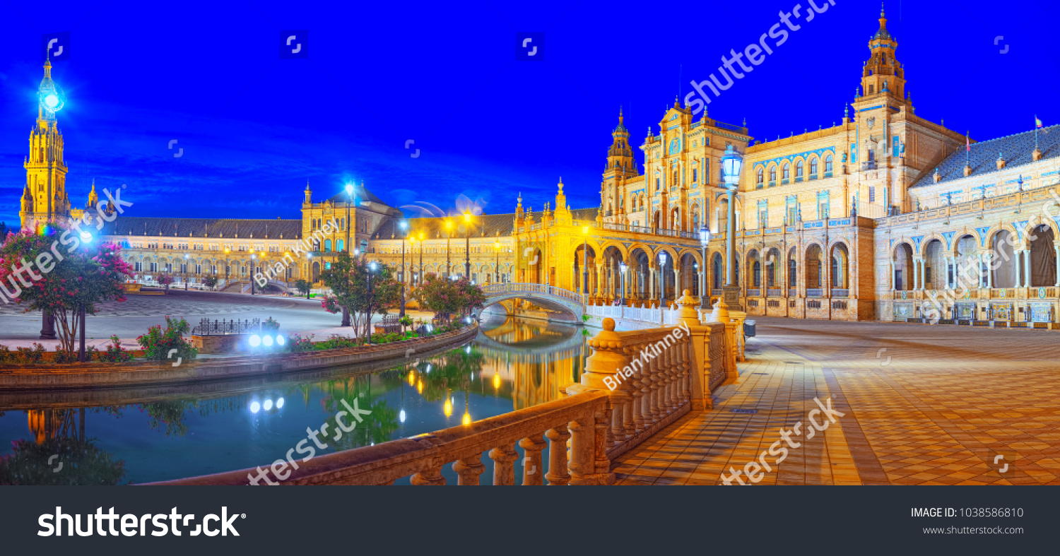Spain Square (Plaza de Espana)is a square in the Maria Luisa Park in Seville Spain built in 1928 for the Ibero-American Exposition of 1929. Nighttime.