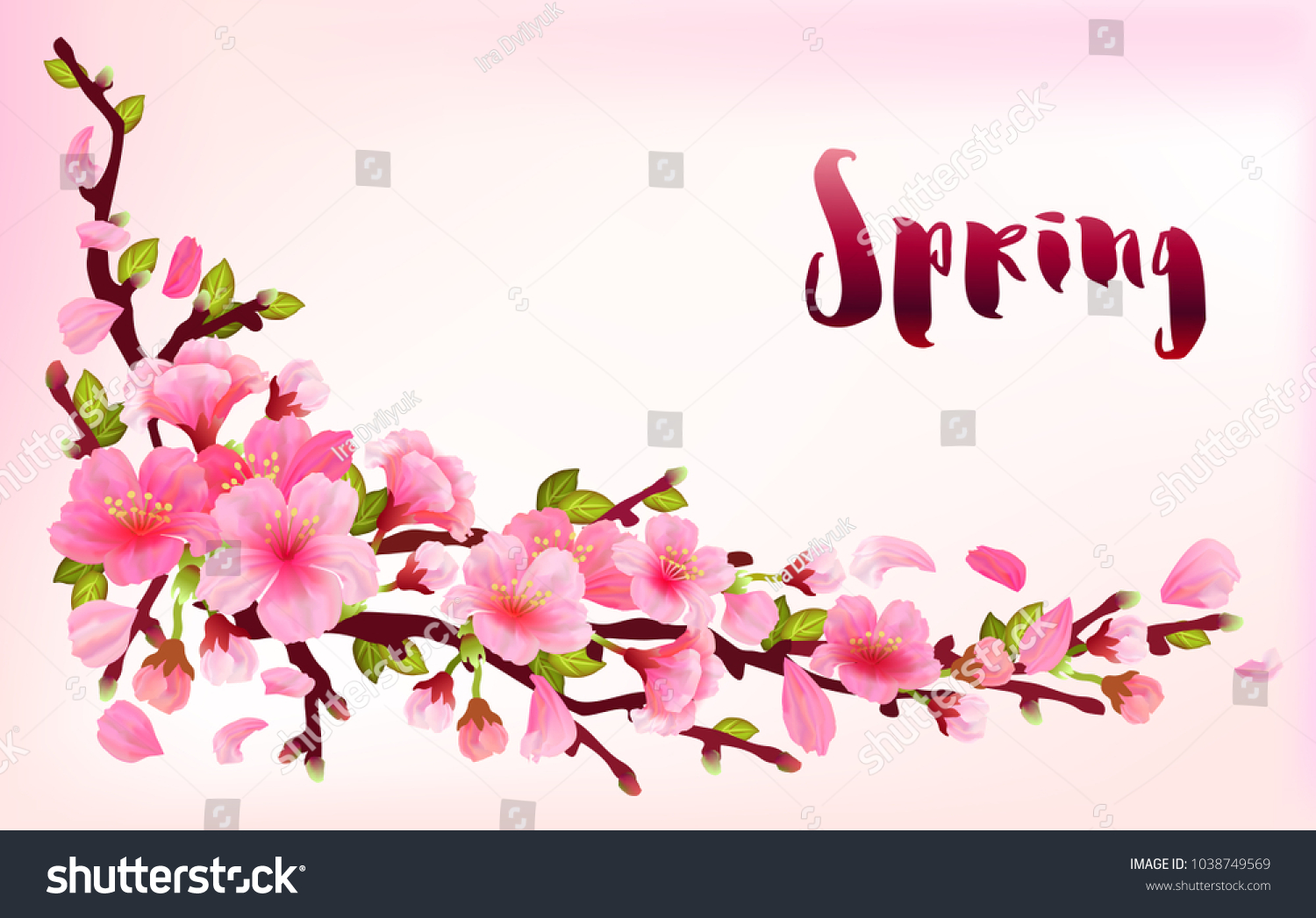 Realistic sakura japan cherry branch with blooming flowers with text ...