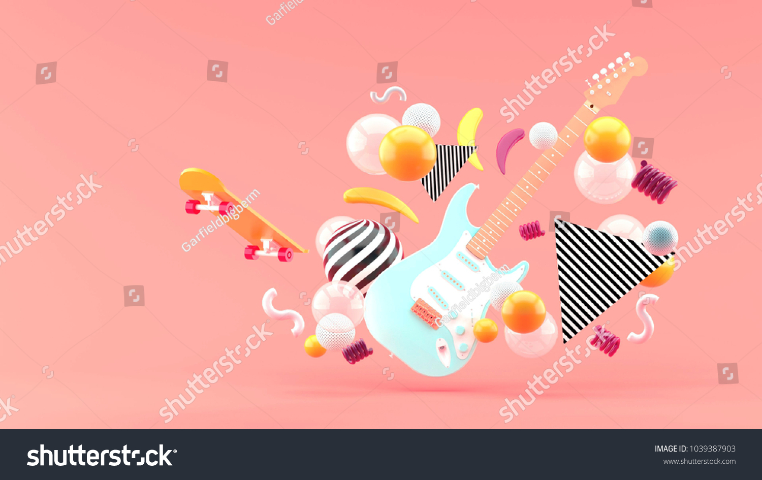Blue electric guitar amidst colorful balls on a pink background.-3d render.