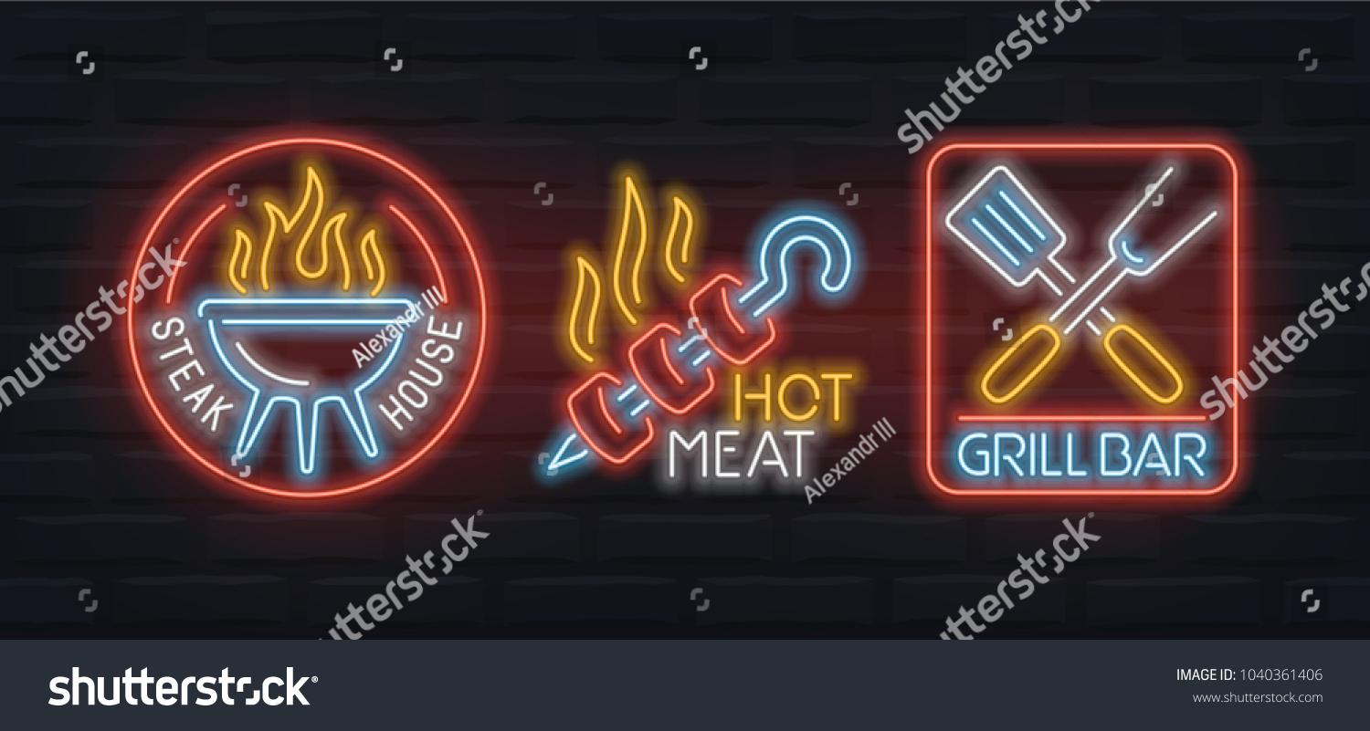 Neon signs of barbecue  grill bar and steak house