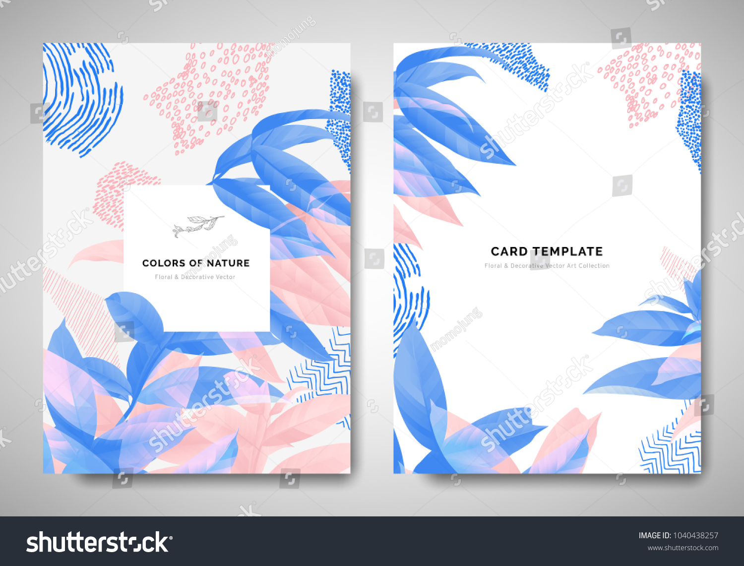 Greenery greeting/invitation card template design  leaves on branch with hand drawn doodle graphics on grey background  blue and pink tones