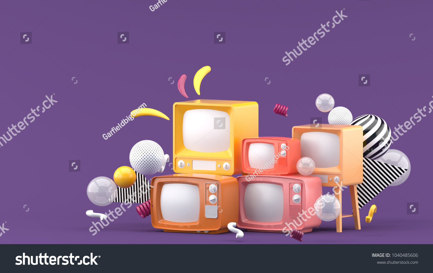 Pink television among the colorful balls on the purple background.-3d render.