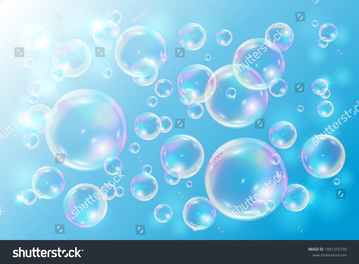 Bubbles soap on blue background. Bubbles with rainbow reflection.