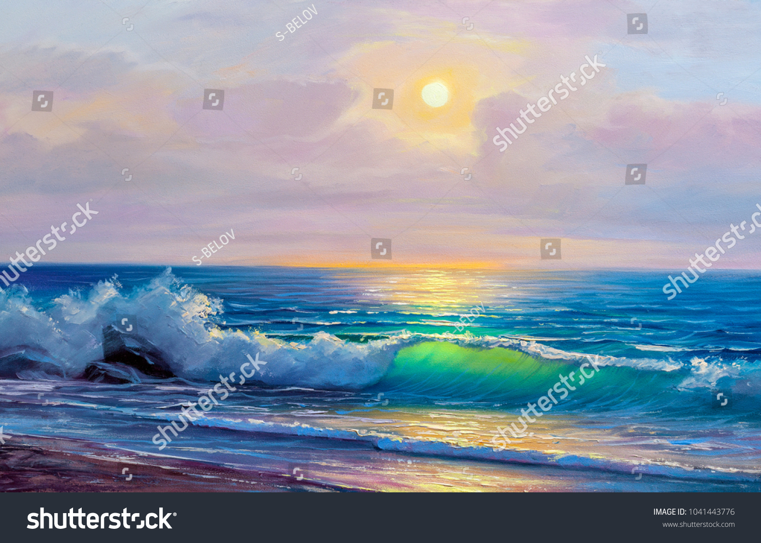 Morning on sea  wave  illustration  Oil painting paints on a canvas.