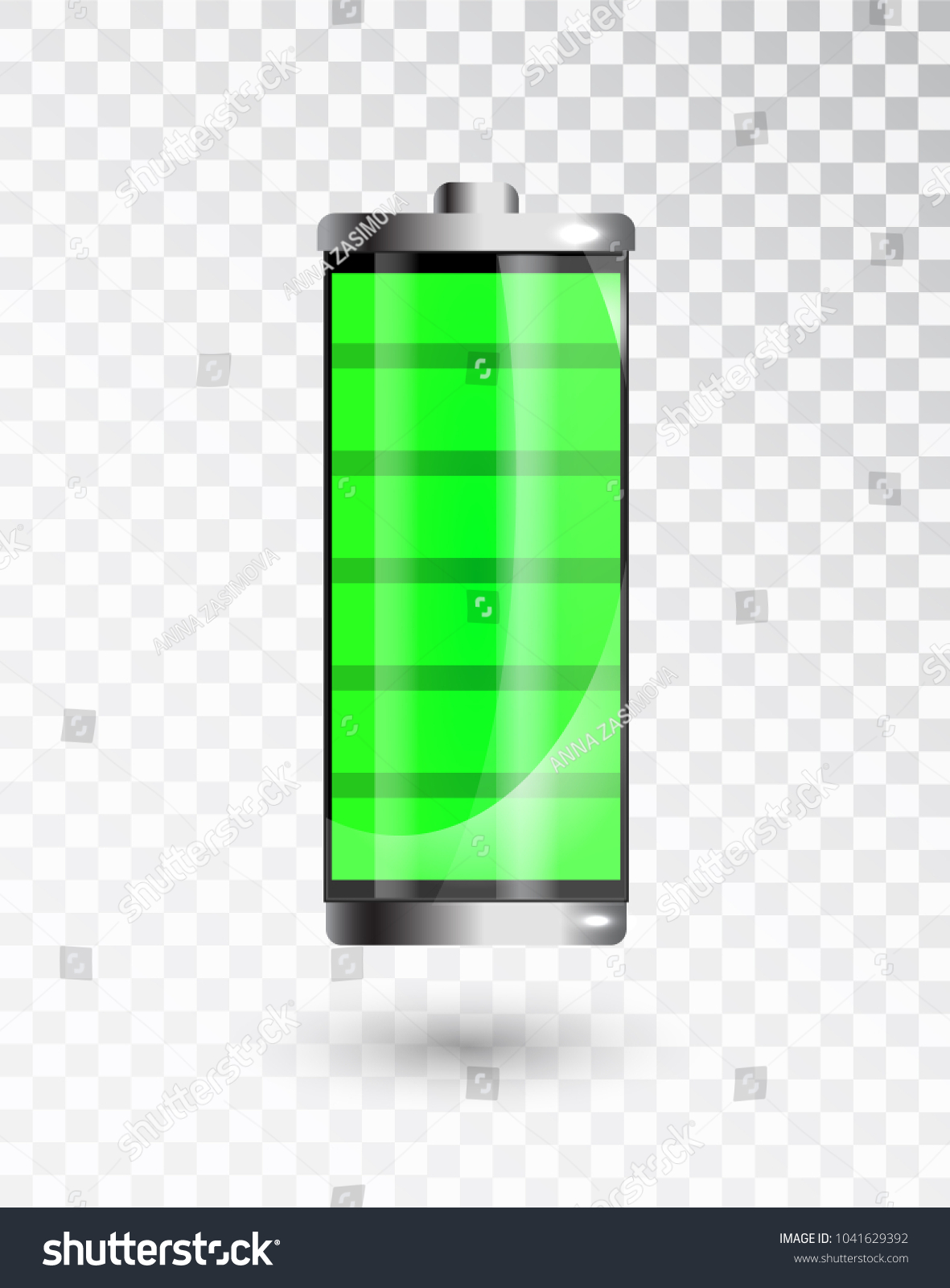 Charged battery. Full charge battery. Battery charging status indicator. Glass realistic power
