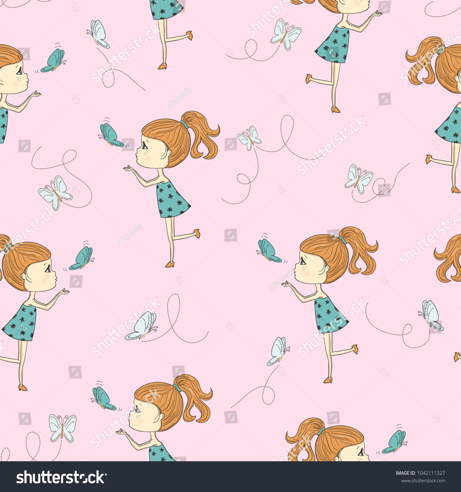 Seamless pattern with cute cartoon little girl and butterflies.