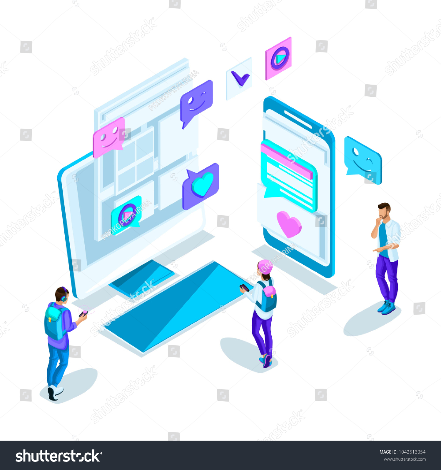 Isometrics young people  communication on the Internet with different people  correspondence  acquaintance through the Internet. Bright holographic design.