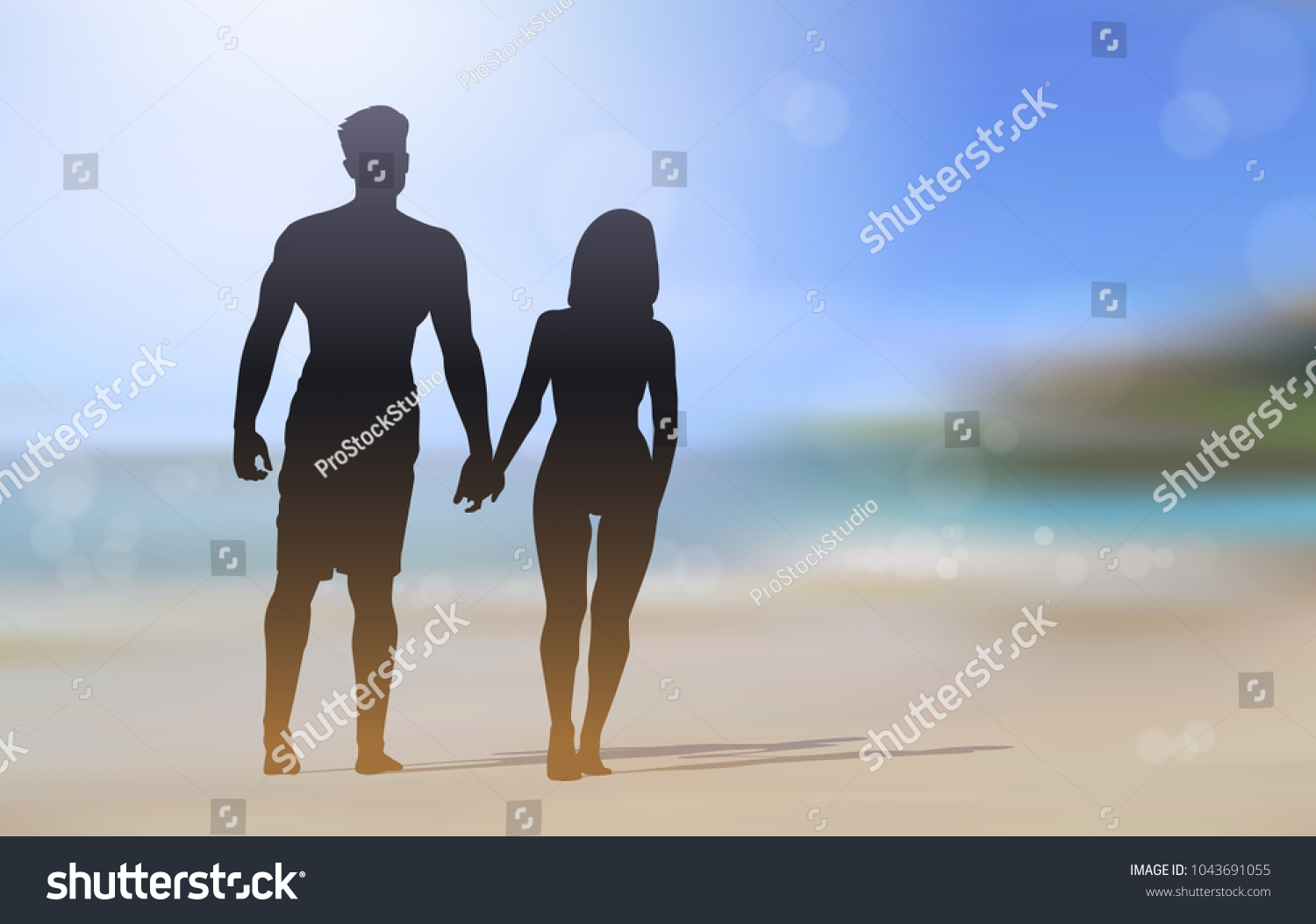 Silhouette Couple Walking On Beautiful Beach Holding Hands Seaside Blurred Background Vector Illustration