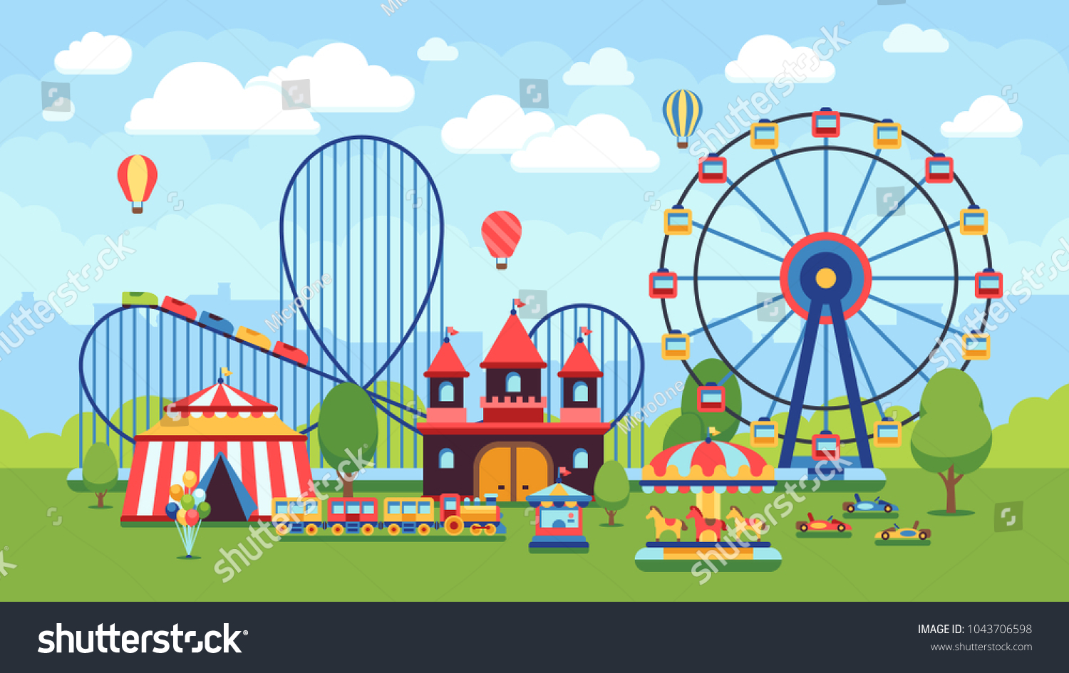 Cartoon amusement park with circus  carousels and roller coaster vector illustration. Circus park and carousel cartoon fun  amusement and carnival