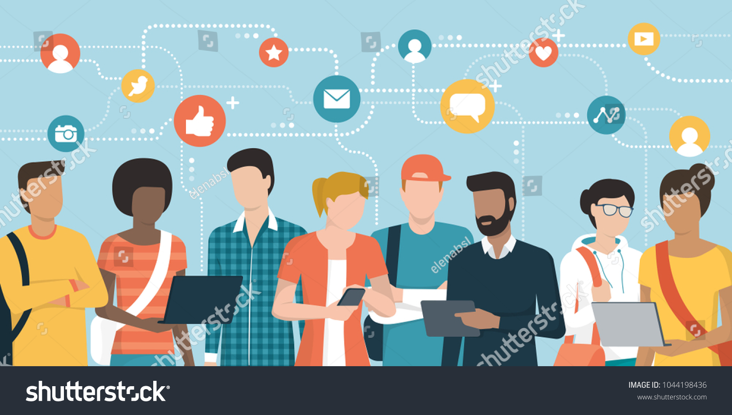 Young people social networking and connecting together online: community and internet concept