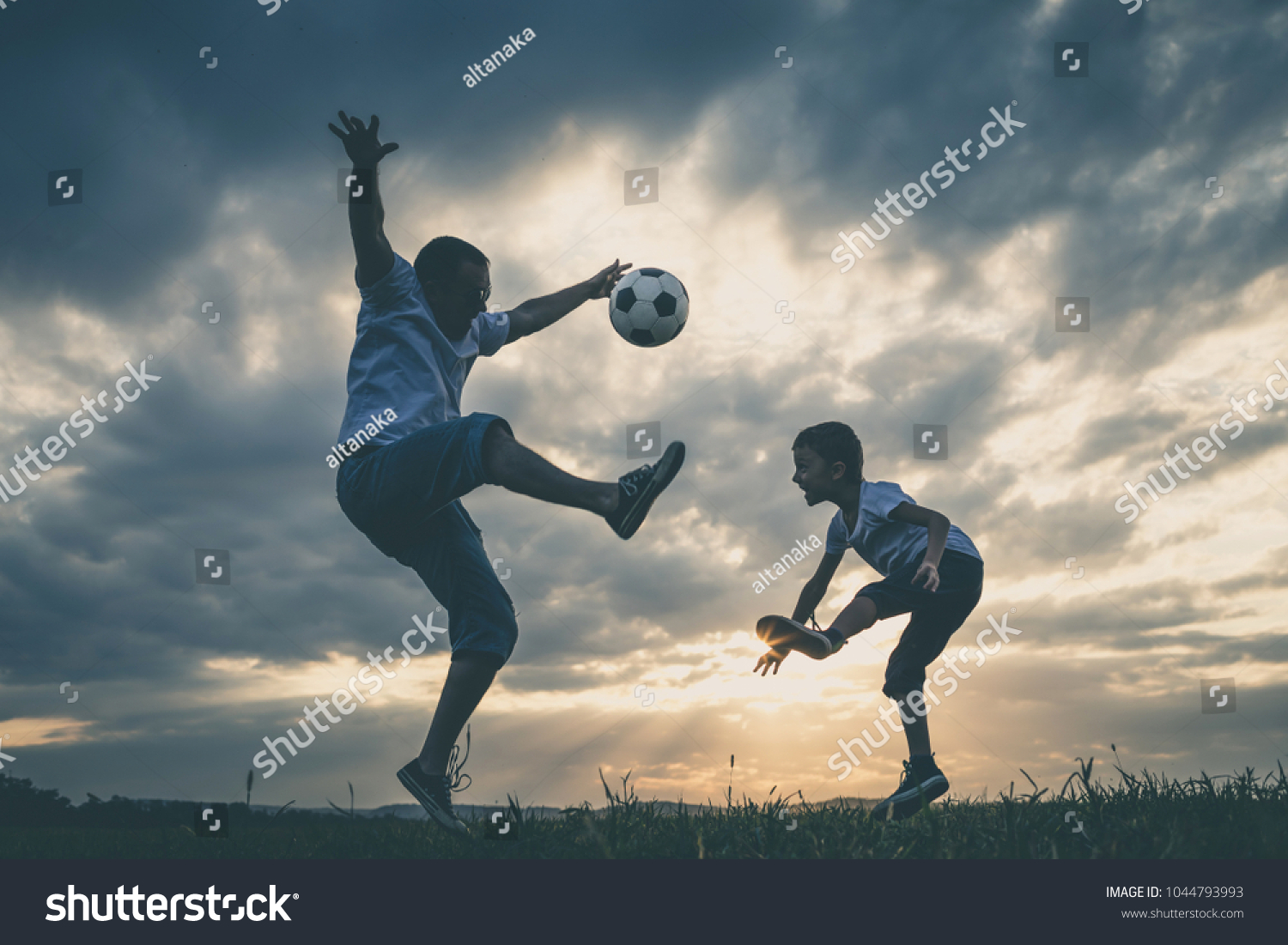 Father and young little boy playing in the field  with soccer ball. Concept of sport.