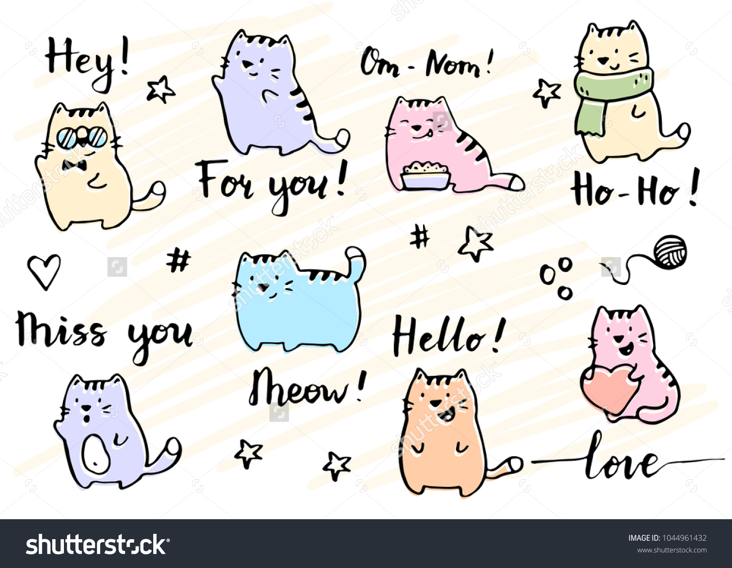 Hand drawn funny cats illustration drawing by ink brush pen.  Simple doodle sketch style. Cute cat characters collection for your greeting card  template design.