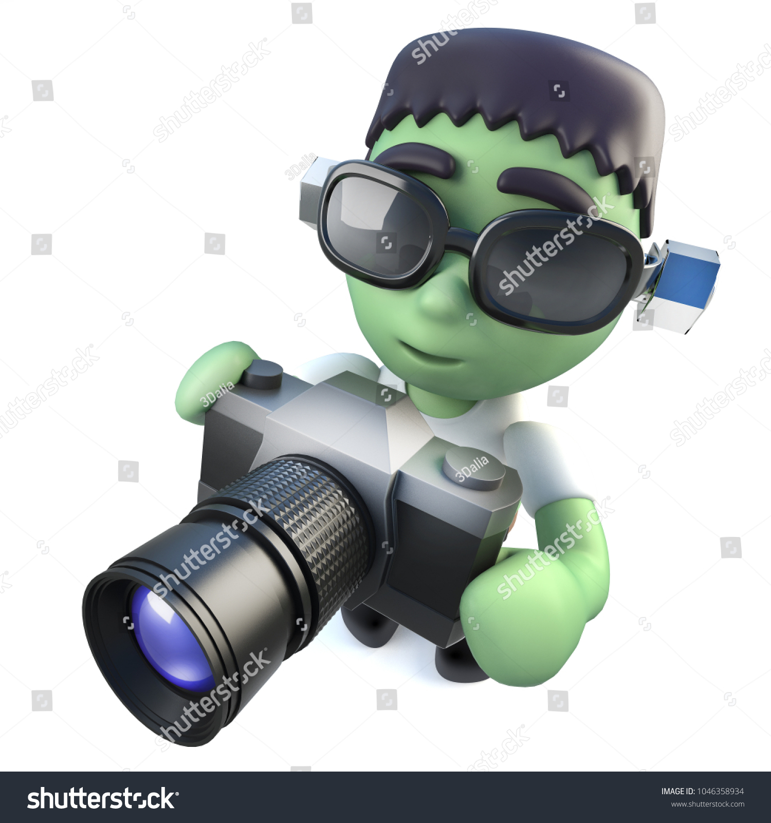 3d render of a funny cartoon frankenstein halloween monster holding a camera