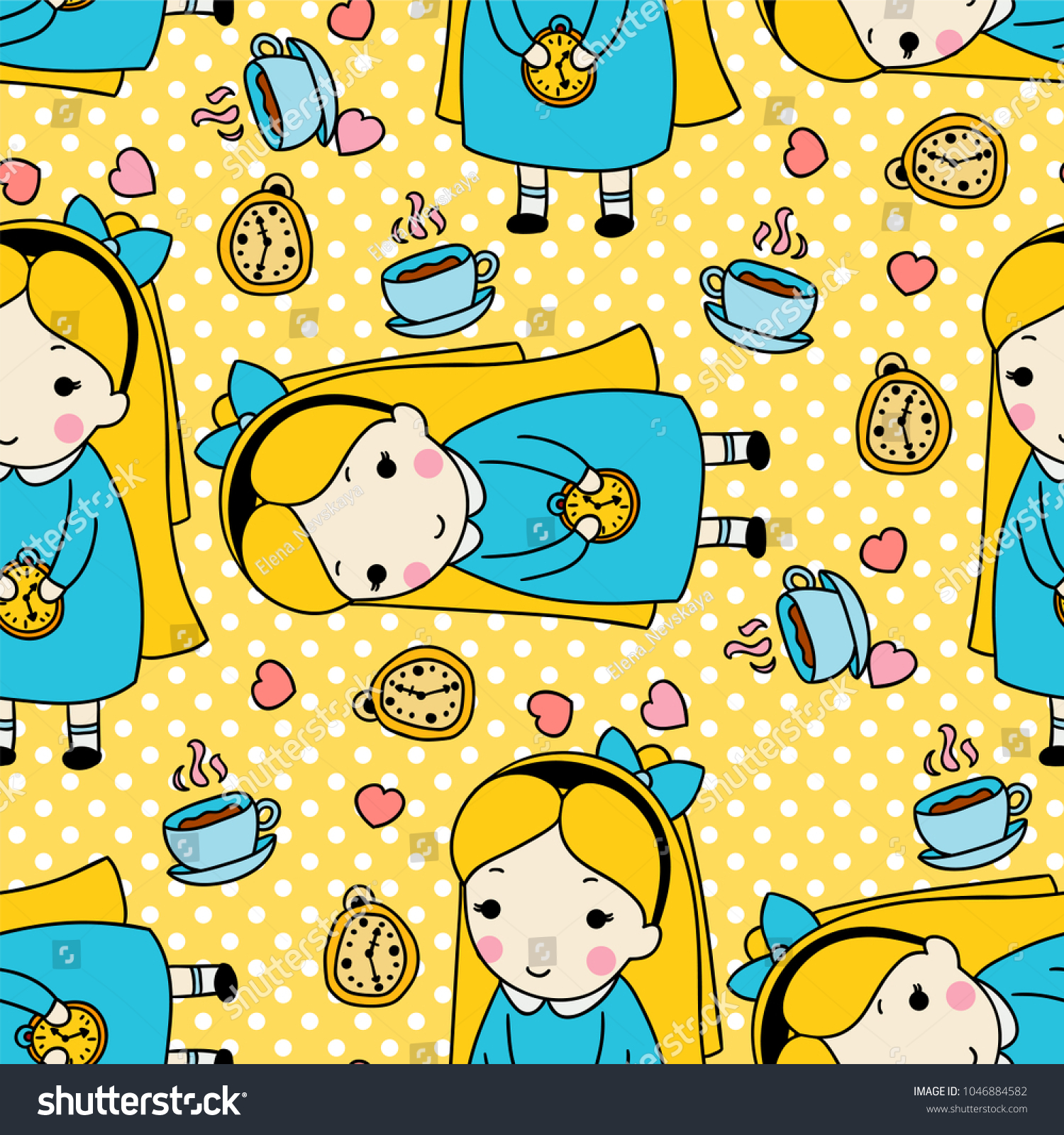 Vector seamless pattern. Cartoon girl  tea cup  clock and hearts. Hand drawn doodle style  childish colors. Blue  yellow  pink colors. Polka dot background