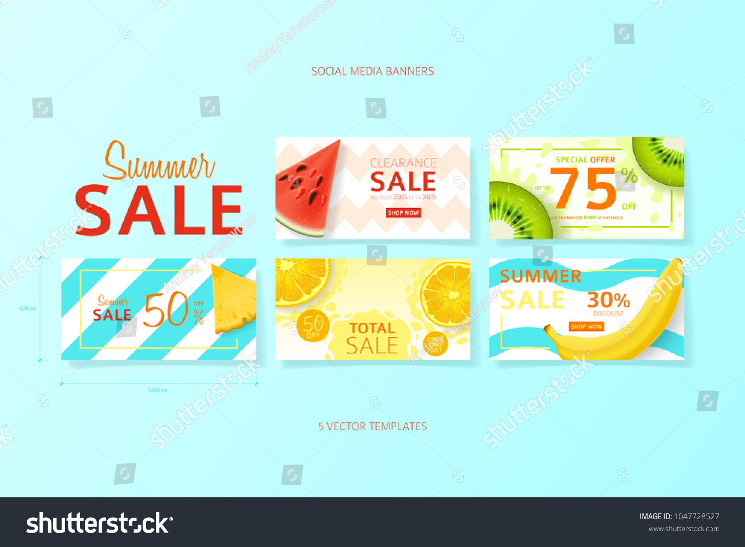Set of social media banners for summer sale. Vector illustration with realistic tropical summer fruit. Web banners templates for promotion in online social communities.