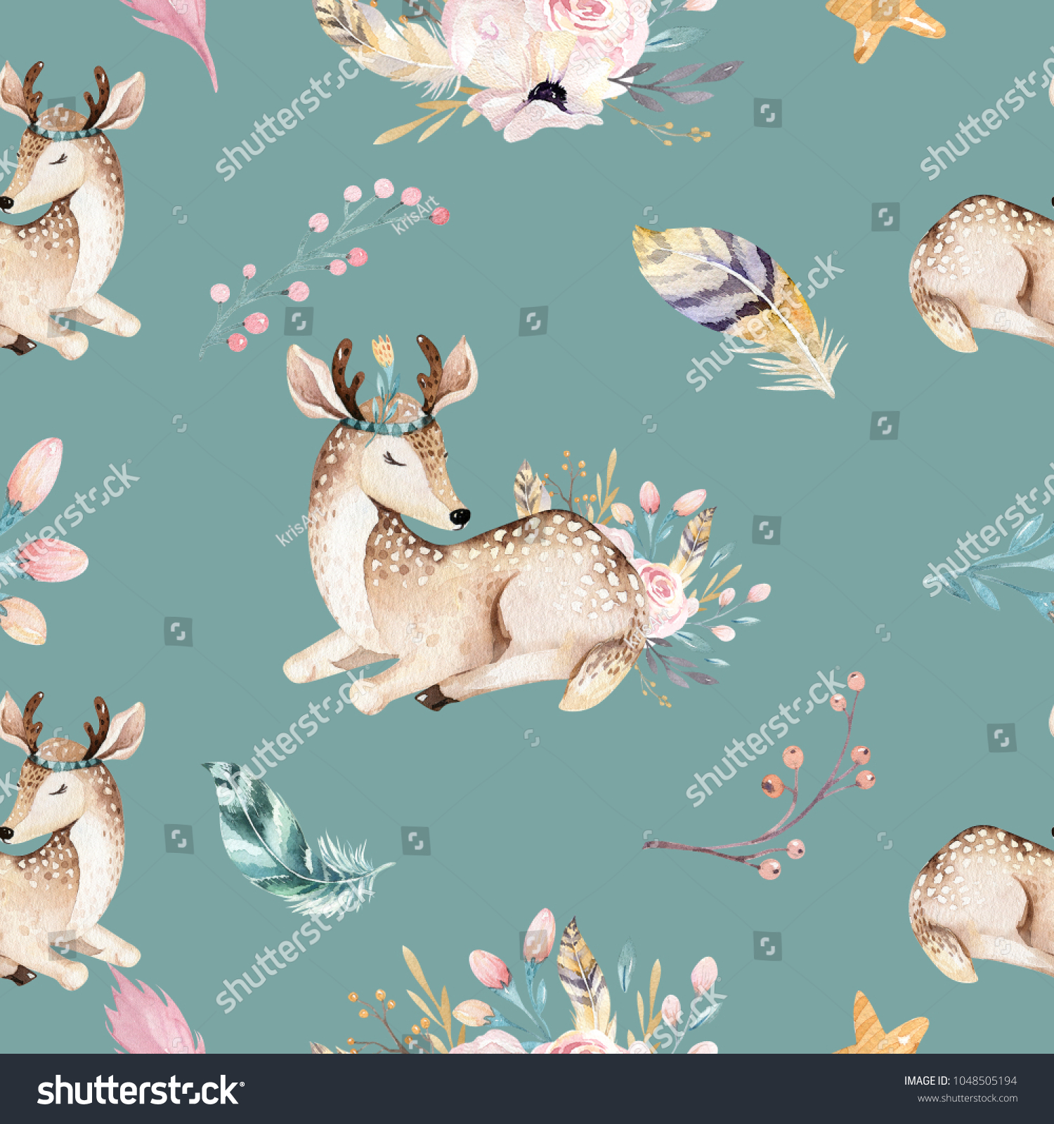 Cute family baby raccon deer and bunny. animal nursery giraffe and bear isolated illustration. Watercolor boho raccon drawing nursery seamless pattern. Kids background nursery print design