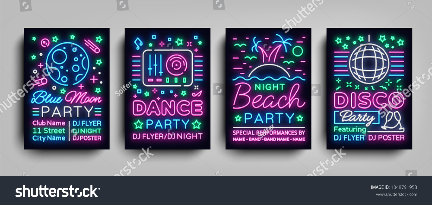 Nightclub party collection of posters. Night party  Neon sign  neon sign flyer  disco ball  musical night poster template  bright neon advertising  concert  disco  festival. Vector Illustrations