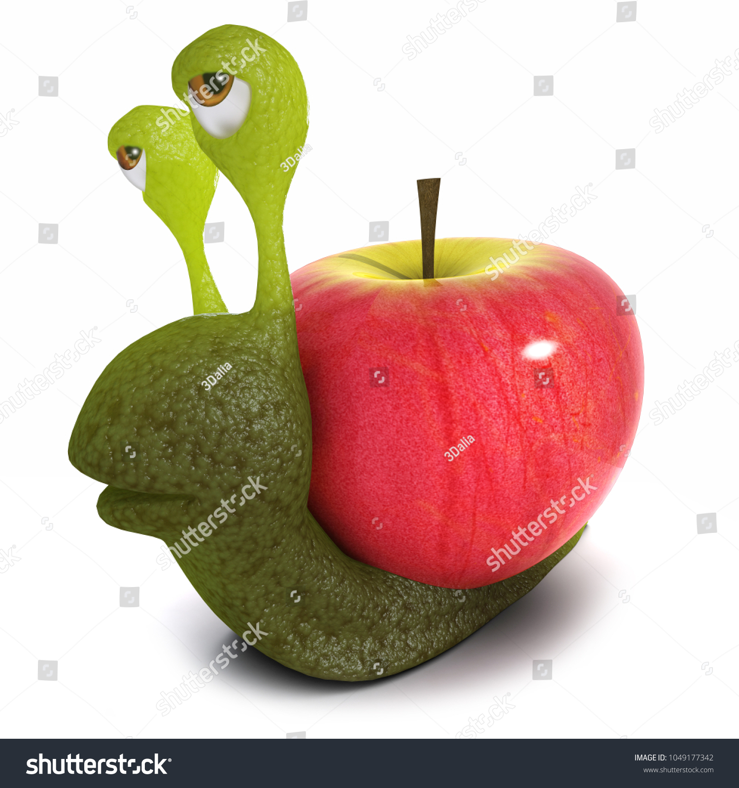 3d render of a funny cartoon snail character carrying a heart instead of a shell