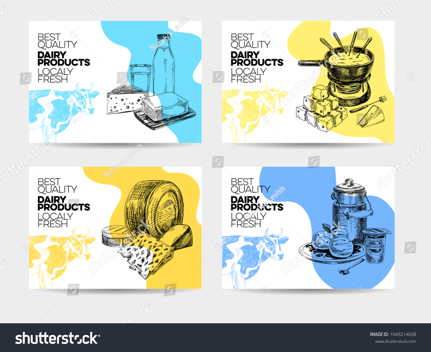 Beautiful vector hand drawn dairy products card set. Detailed trendy style backgrounds. Modern sketch elements collection for packaging design.