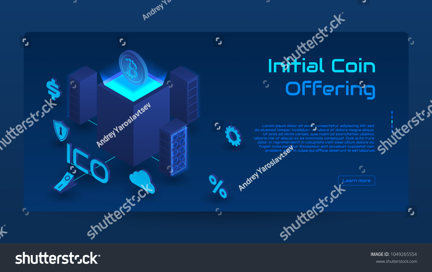 Isometric ICO concept banner. Modern Concept of Initial Coin Offering Technology. Vector Illustration with Blockchain Farm composition.
