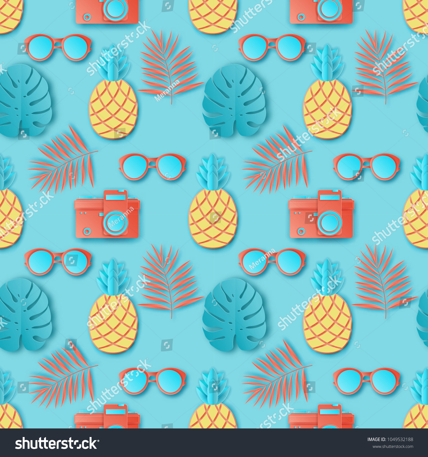 Summer seamless pattern with tropical palm leaves  retro photo camera  sunglasses and exotic fruit pineapple. Paper cut style  pastel colors