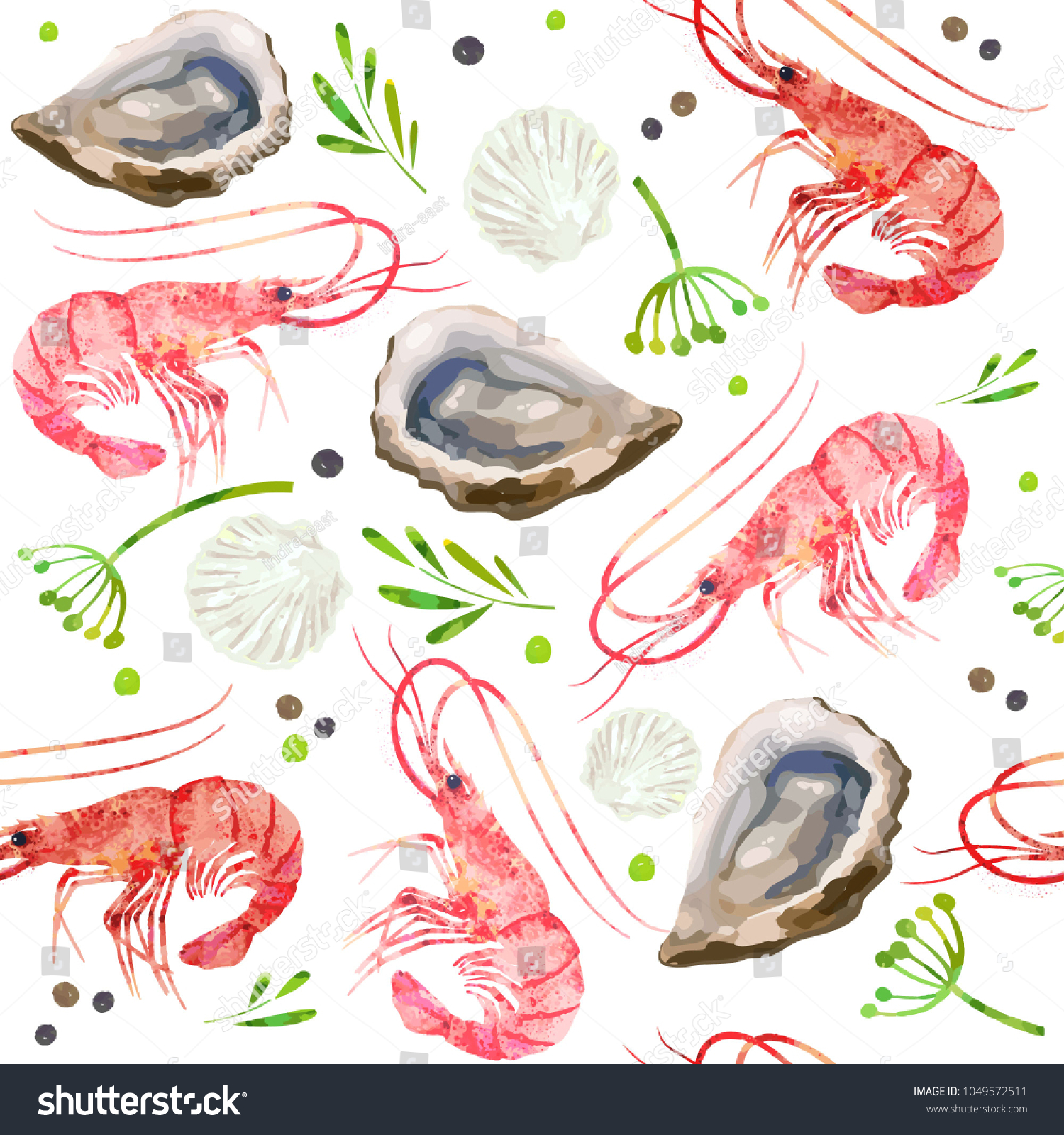 Seamless pattern seafood. Prawns or shrimps  shells  oysters and spicy herbs watercolor illustration.