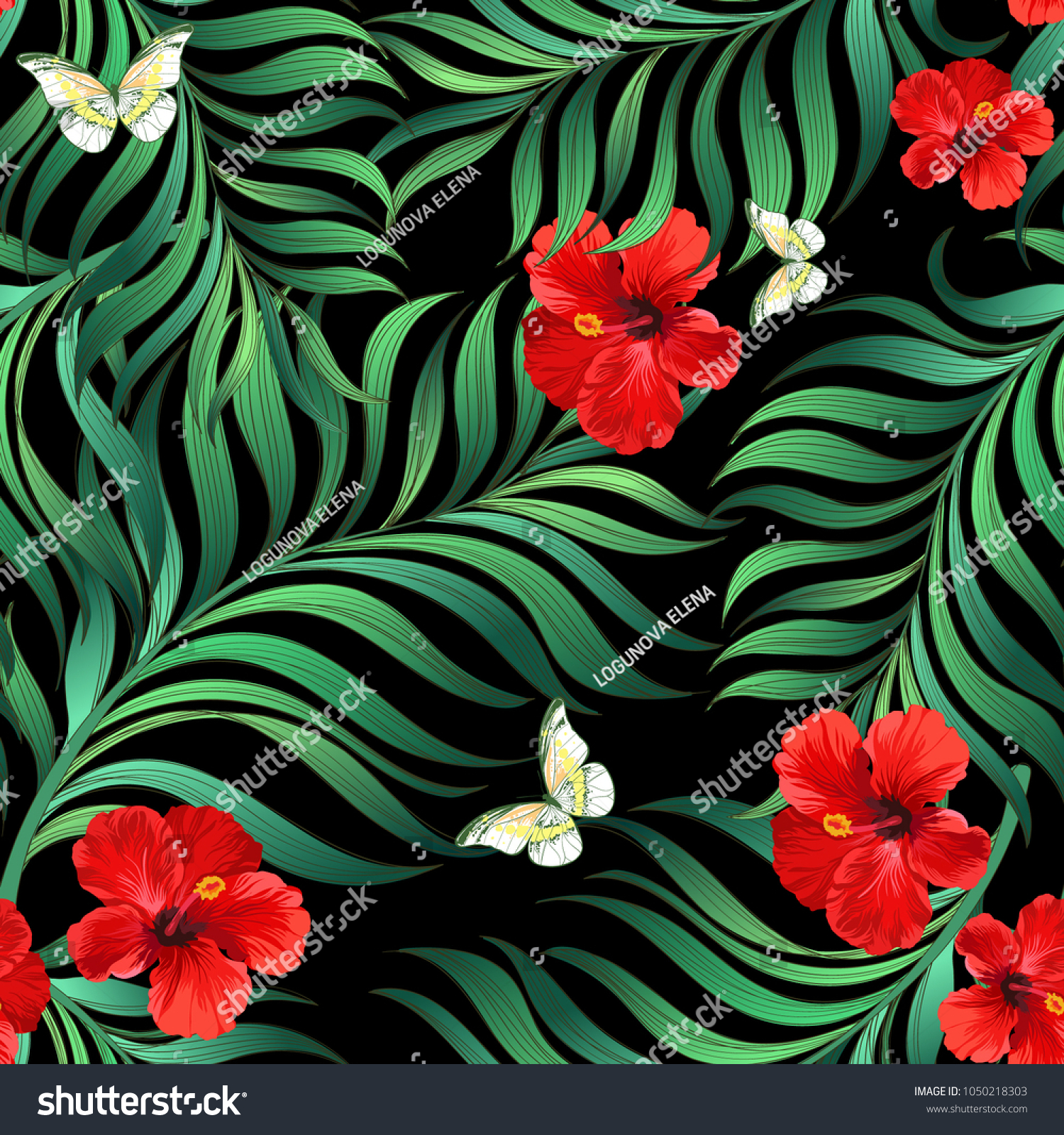 Seamless tropical vector background with palm leaves  hibiscus and butterflyes.