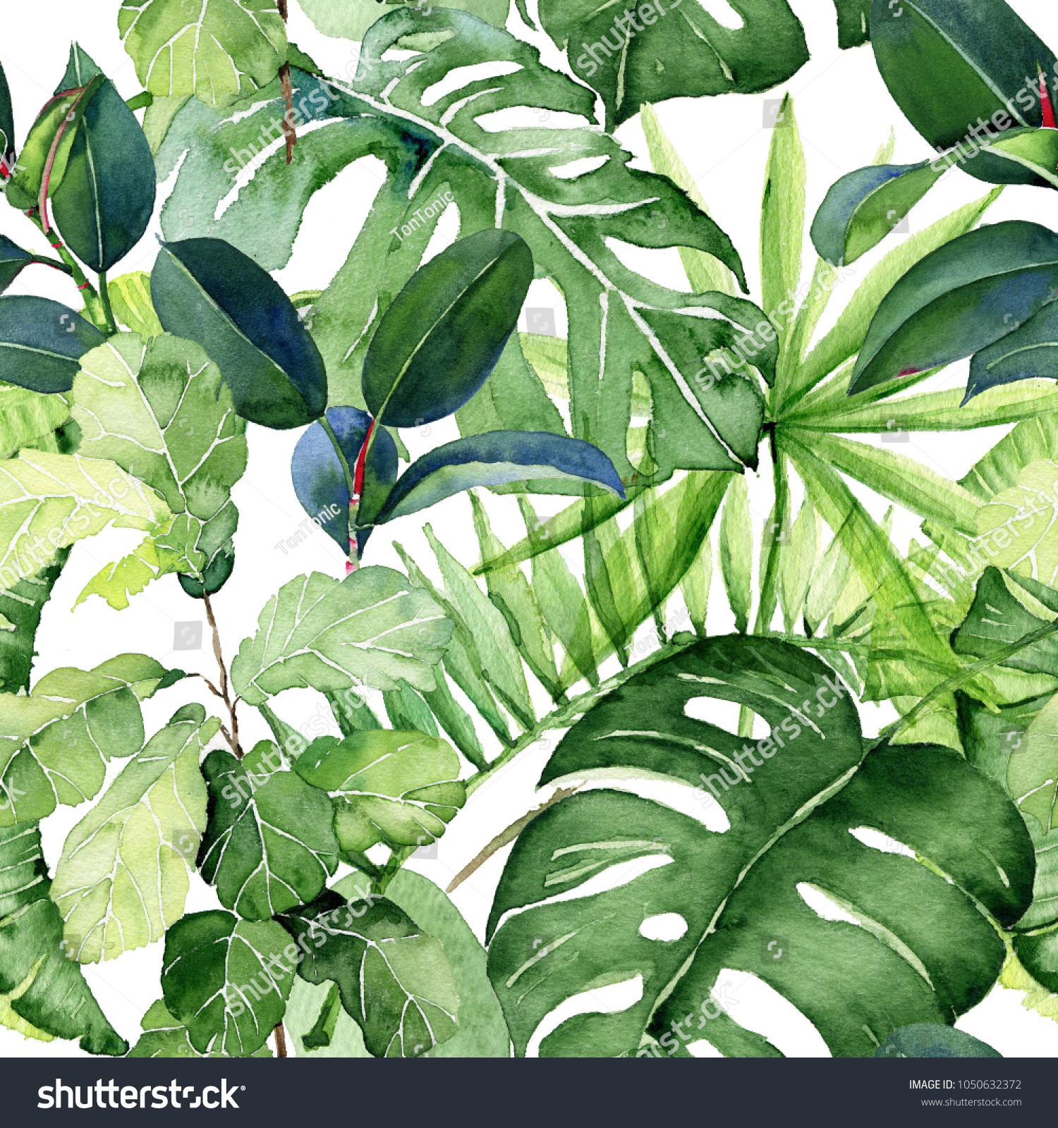 Seamless watercolor illustration of tropical leaves. Hand painted. Watercolor pattern.