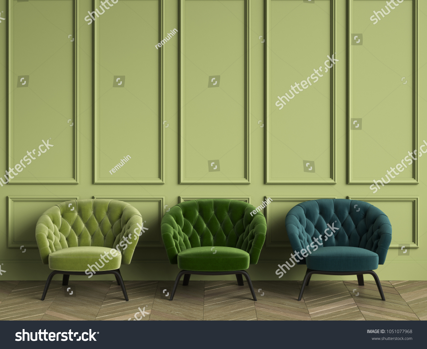 3 Tufted green armchairs in classic interior with copy space.Green walls with mouldings. Floor parquet herringbone.Digital Illustration.3d rendering