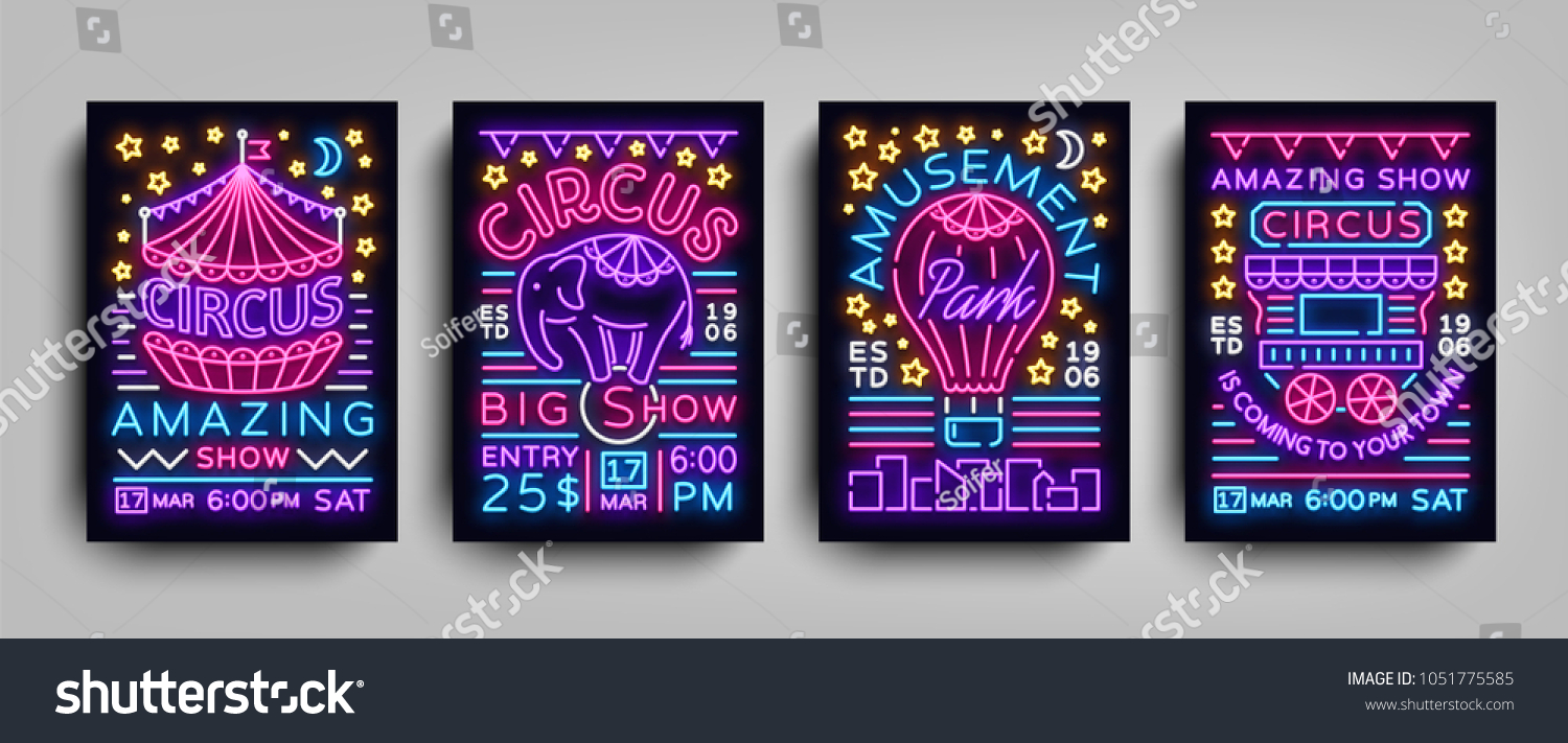 Circus collection of posters design templates neon style. Circus set of neon signs  tent  elephant  amusement park  light banner  neon flyer  advertising of Circus performances. Vector illustration