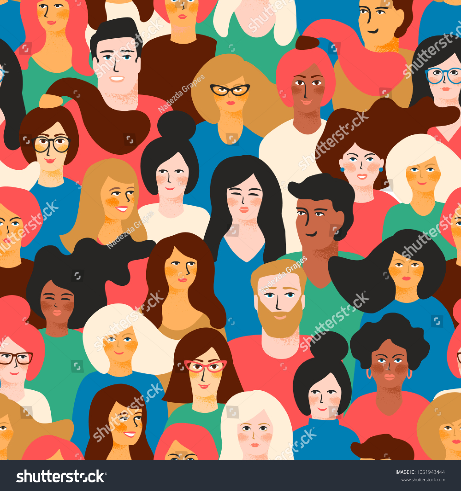 Vector seamless pattern with young men and women with different skin color. 