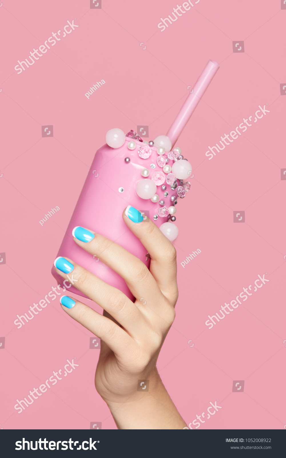 Blue Nails. Woman With Soda Can In Hands On Pink Background. Close Up Of Female Hands WIth Bright Blue Manicure Holding Pink Soda Can With Beads. Nails Design. High Quality Image.