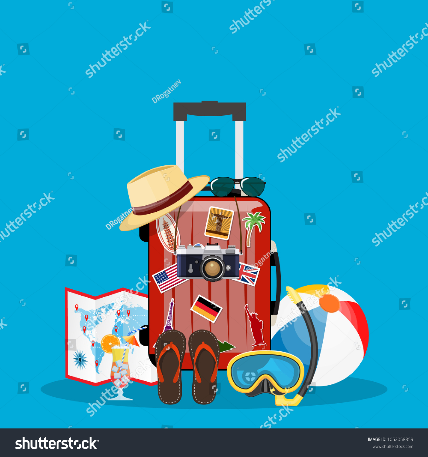 Travel bag  luggage Suitcase with stickers  straw hat  beach ball  sandals  shoes . Summer time  vacation  tourism concept. Vector illustration in flat style