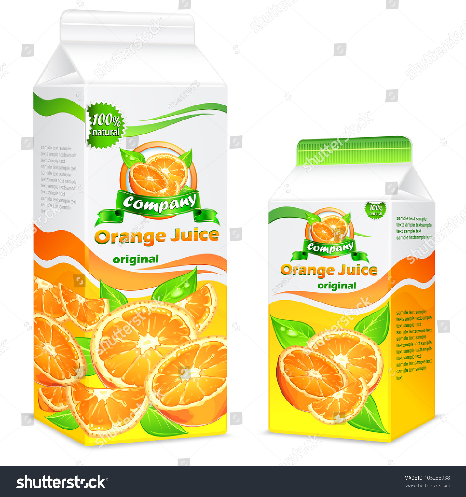 Packages for juice  paper packing with oranges and leaves & text  vector illustration